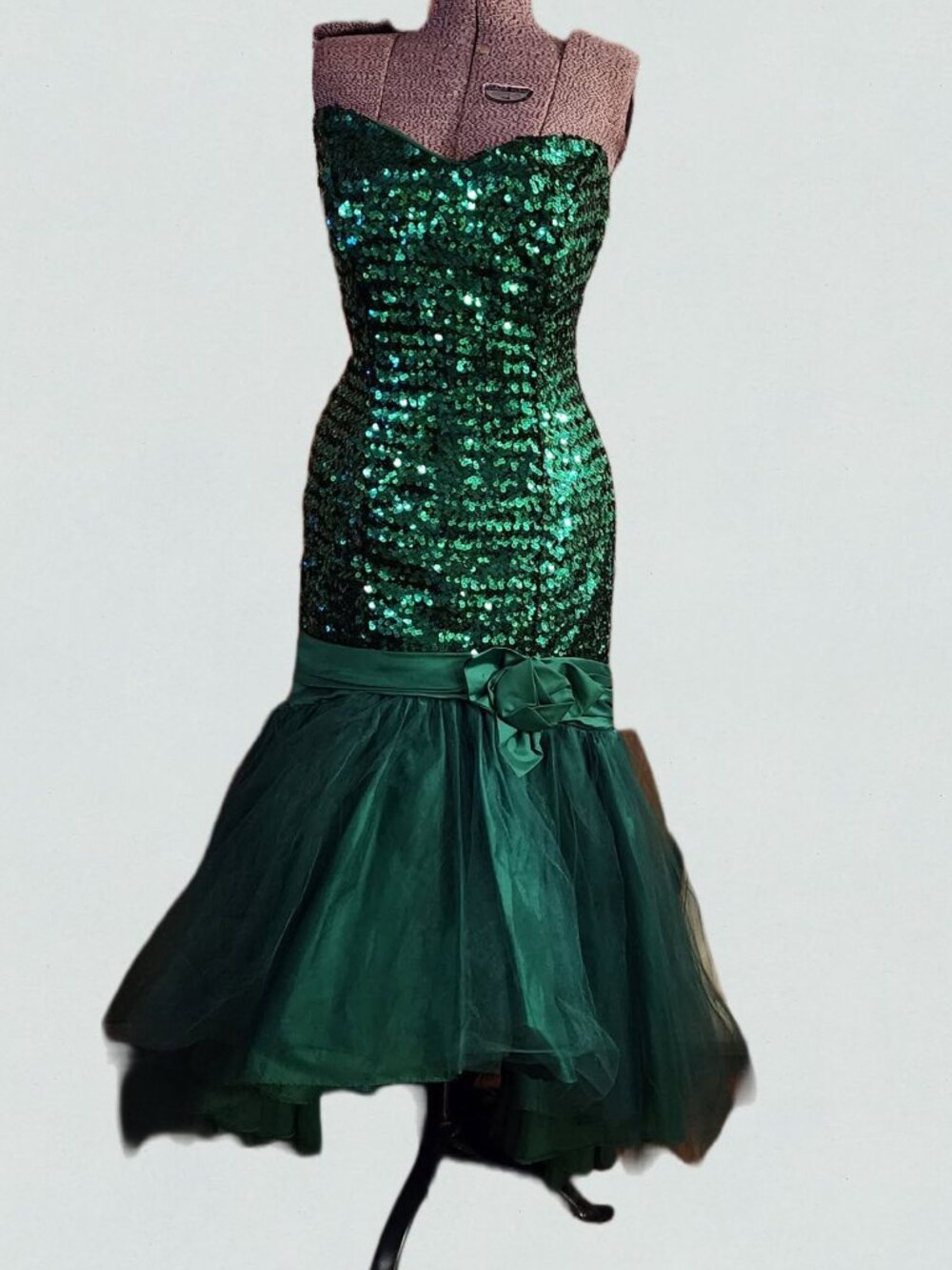 1980's Custom Made Strapless Wiggle Dress with Emerald Green Sequin and Tulle